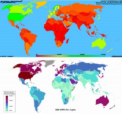 Рис. 1. Показатели ВВП на душу населения в пересчете по ППС: 1-я карта — данные World Factbook, 2-я карта — Международный валютный фонд, World Economic Outlook Database, сентябрь 2011 г.