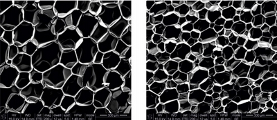 Рис. 4. Слева: пеноизоляция со стандартным значением коэффициента теплопроводности, размер пор 270–300 микрон. Справа: пеноизоляция Pascal TM, размер пор 150–180 микрон
